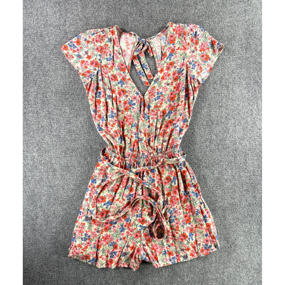 American Eagle Floral Romper Womens Small Red Blue Ditsy V-Neck Cutout Back Tie